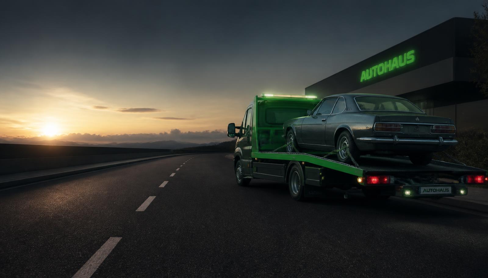 Tow truck collecting a vehicle at dusk